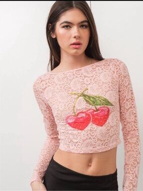 Pink Lace Long-Sleeve Crop Top with Cherry Graphic